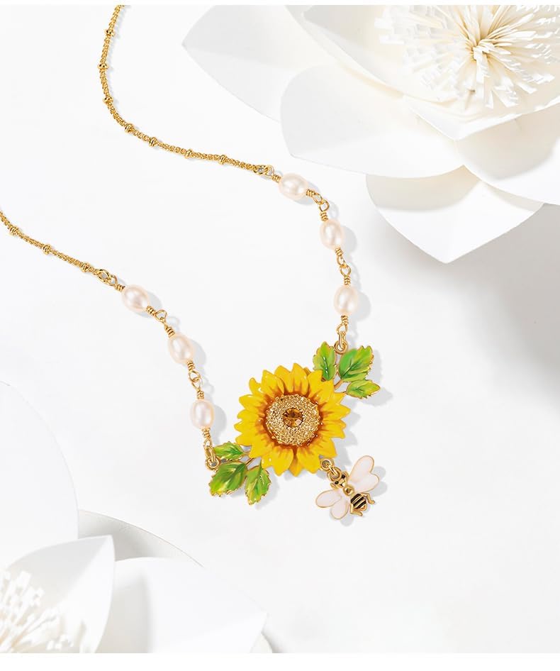 Yellow Sunflower And Bee Pearl Enamel Pendant Necklace Jewelry Gift Juicy Grape3