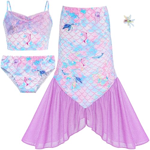 JQGBBOX Purple Girls 3Pcs Sequin Swimsuit Set, Ruffle Hem Bikini Top and Bottom with Beach Cover Up Skirt, Kids Beach Vacation Wear 5-6Y