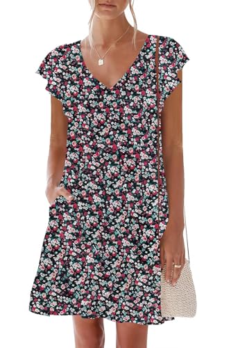 Image of nclook Womens Summer Casual Dresses Sweet Cute V Neck Mini Dress with Pockets Ruffle Short Sleeve