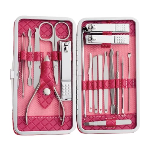 Image of Gleva 18 Pieces Stainless Steel Manicure Kit, Nail Cutter Set, Manicure Pedicure Kit, Manicure Set, Personal Care Nail Clipper Kit, Nail Kit, Nail Tools with Leather Travel Case For Men & Women (Dark Pink)