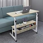 Adjustable Portable Rolling Bedside Work Breakfast Laptop Tray Table Desk Station Portable Overbed/Chair Table Sofa Side Notebook Laptop Desk PC Stand Height Adjustable w/Lockable 4 Castors & Wooden