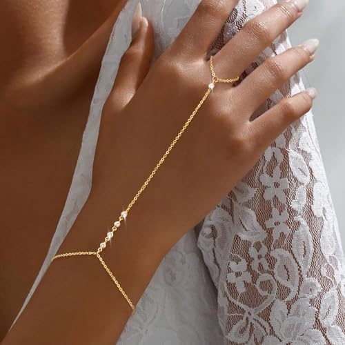 Gold Hand Chain Bracelet Ring Bracelet, 14K Gold Plated Finger Ring Bracelet Zircon Pearl Bead Satellite Hand Chain for Women Trendy Jewelry Non Tarnish Gold Ring Hand Bracelet2