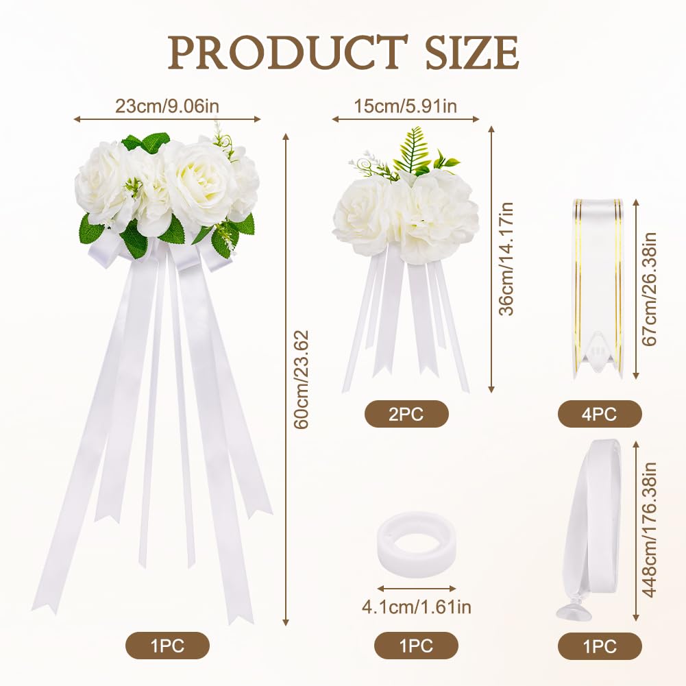 Déco de Voiture de Mariage, Kit de Décoration de Voiture de Mariageavec 3 Roses 4 Nœud 1 Tulle & 1 Ruban Adhésif, Deco Mariage Voiture pour Mariage Réception Cérémonie Fête