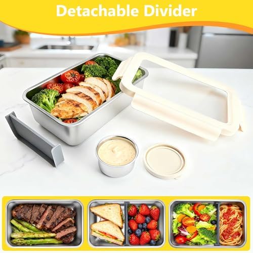 YINGRACE Stainless Steel Lunch Box Container for Adult, 42oz/1250ml Leak Proof Bento Box, Microwave-Safe with Removable Divider, Clear Airtight Lid Lunchbox for Work, Hike, Travel, Silver - Thumbnail 3