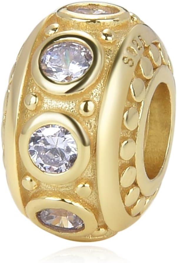 Adabele 1pc Solid Gold Plated Sterling Silver Sparkle Birthstone Charm Cubic Zirconia CZ Diamond Bead Compatible with Pandora All Personalized Women Charm Jewelry Making