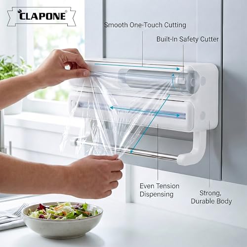 Image of CLAPONE Wrap Organizer with Cutter Plastic Wrap Dispenser 3 in 1 Compatible with Cling Film Paper Towel Holder /Tin Foil and Roti Paper Cutter /Aluminum Foil /Butter /Roti Wrap /Food Roll-White