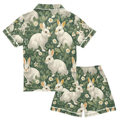 senya Flower Rabbit Leaves Green K Satin Summer Pajama Sets Silk Short Sleeve Button Down Sleepwear2