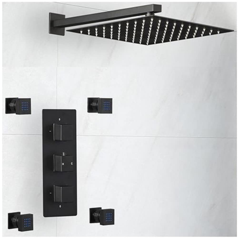 Milano Black Preto Thermostatic Mixer Valve 300Mm Wall Mounted Square Shower Head Body Jets