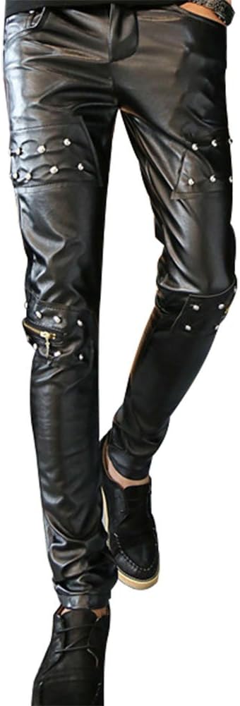 Idopy Men`s Punk Rock Studded Leather Biker Pants with Zippers