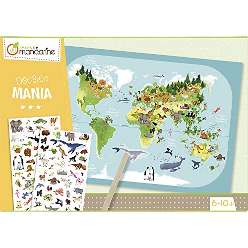 Avenue Mandarine Kc042C - Une Boite Créative Décalco Mania Planisphère Comprenant Une Feuille 30X42 Cm, 2 Planches De Décalco Et Un Batonnet (Notice Incluse)