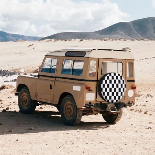 Image of Checkered Racing Flag Spare Tire Cover Black and White Symbolic Design of End of Car Race Polyester Universal Wheel Tire Cover for Trailer Camping Weatherproof for Rv SUV Truck Camper Travel 17 inch