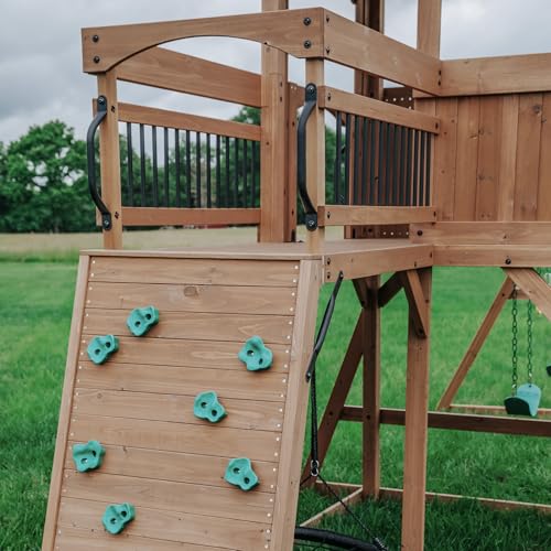 Backyard Discovery Sterling Point Cedar Wood Swing Set with Wave Slide, Raised Clubhouse, Wooden Bridge, Rock Wall, Belt Swings, Web Swing, Trapeze, Balcony, Climbing Wall, Ladder, Outdoor Playset - image 6
