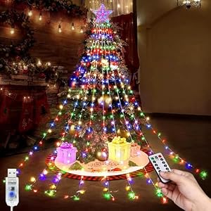 Kousee Weihnachtsdekorationen Stern Licht, 9Pcs 2M Wasserfall Lichterkette 198 LEDs 8 Modi Wasserdicht USB LED Lichter mit Topper Stern für Baum, Garten, Party, Festival (Mehrfarbig)