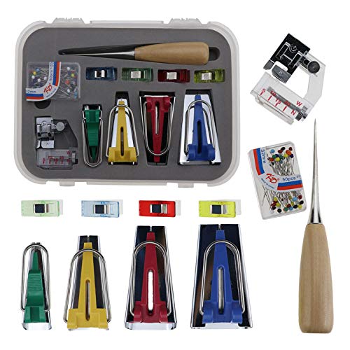 YOKOYAMA Bias Tape Maker Kit incl. Bias Tape Makers, Quilt Awl, Bead Head Pins and Adjustable Binding Presser Foot, Bias Binding Maker Set for Singer, Brother, Janome Low Shank Sewing Machine