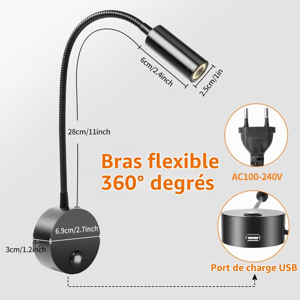 HOTUT Lampe de lecture murale, LED Col de Cygne Lumière avec interrupteur tactile et port de chargement USB,Liseuse murale, lampe de lecture à intensité variable, Applique Liseuse Orientable à 360 °