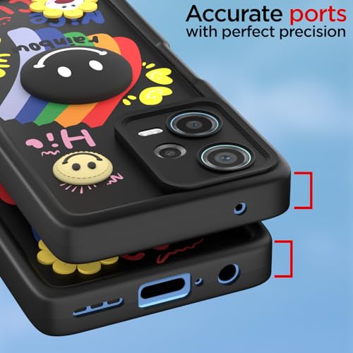 Image of Pikkme Back Cover for Redmi Note 12 Pro 5G | Soft Silicone| Cute Rainbow Smile & 3D Cartoon Flower Design | Shockproof Raised Camera Protection Bumper Case (Black)