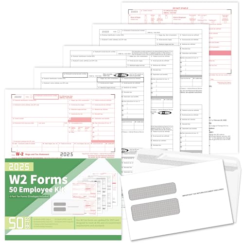 W2 Forms 2025,W2 Tax Forms 2025 with Envelopes,6 Part W2 Tax Forms 2025,50 Employee Kit of Laser Forms with 3 W-3 Transmittal,50 Self Seal Envelopes Included