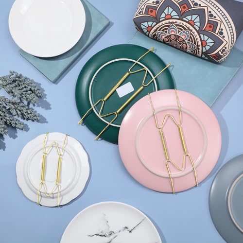 Image of Hotop 12 Pieces Plate Hangers for Wall Stainless Steel Wire Invisible Heavy Duty Plate Hangers Display Holders with 12 Pieces Hooks for Wall Decorative(8 /10 /12 Inch,Gold)