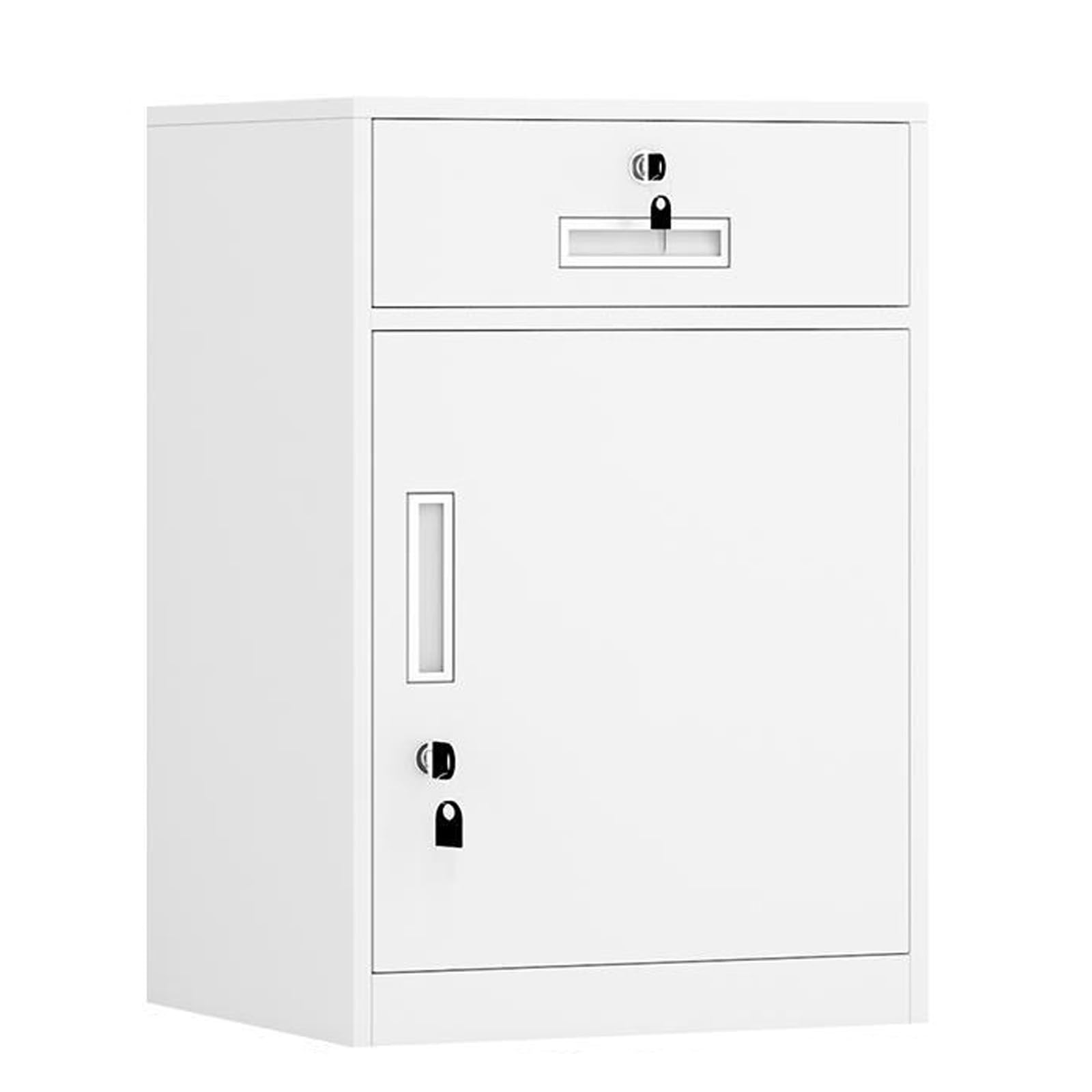 MYUYEE Vertical Filing Cabinet With Lockable Drawers Upper Drawer Lower Cabinet Printer Stand For Office And Home Use 65Cm/85Cm Height (White-1 Door And 1 Drawers)