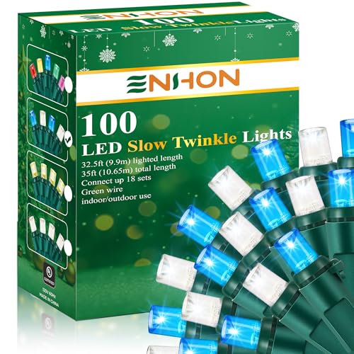 Enhon Slow Twinkling Christmas Lights, 100 LED, 35 ft, blue white