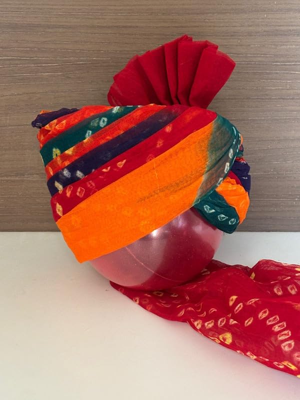 Image of THE SHAPE Rajasthani Safa Multicolor Bandhani Pagri for Men | Traditional Marwadi Cotton Blend Turban | Ethnic Wear Wedding Pagdi for Groom & Baraati | Party & Event Decoration Safa