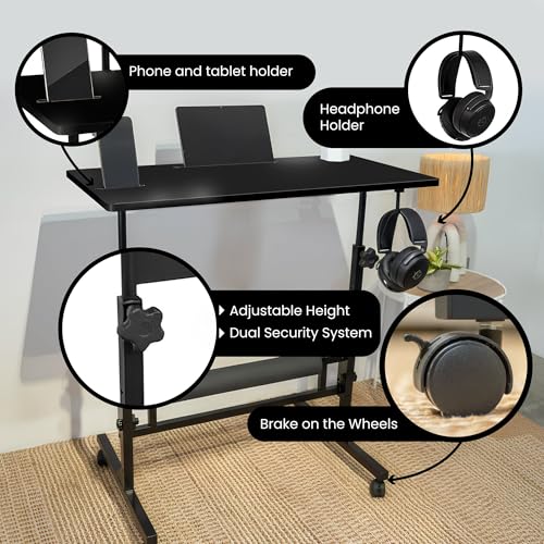 Image of Small Rolling Desk with Wheels, Adjustable Height 27 inch-43.3 inch Portable Standing Desk, 31.5 inchx15.7 inch Tabletop, Mobile Laptop Computer Table for Home Office Workstation, Black