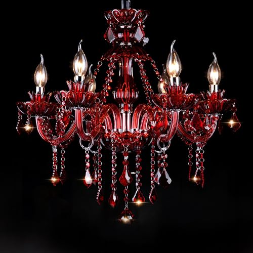 Bagood Red 6 Lights K9 Crystal Candle Chandeliers Lighting Modern Pendant Lights Crystal Modern Chandelier Candle Chandelier Lighting for Living Room Bedroom Hallway Entry E12 Base H22 x W23.6 Inch
