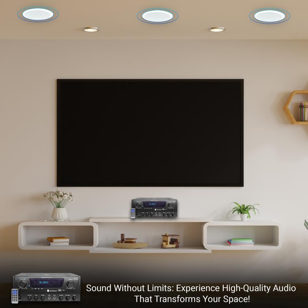 Technical Pro Kit sistema audio Home Theater, amplificatore Bluetooth da 1000 Watt con 2 altoparlanti da soffitto da 20,3 cm, 300 W ciascuno, cavo per altoparlanti da 15,2 m e telecomando, perfetto