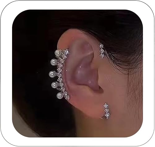 2Pcs Fashion Rhinestone Pearls Ear Cuff Vintage Non-Piercing Fake Earrings Bridal Wedding Climber Ear Wrap Prom Ball Ear Jewelry for Women