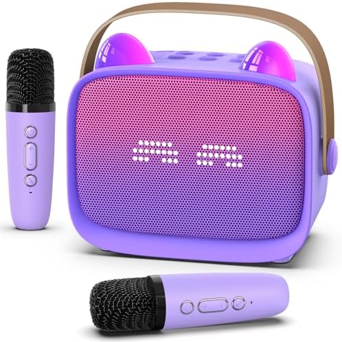 Mini Karaoke Machine Toys Gifts, Kids Portable Bluetooth Speaker with 2 Wireless Microphone and LED, Christmas Birthday Gift Idea for Girls Boys 3-12 + Year Old, Noisemaker Toys for Party (Purple)