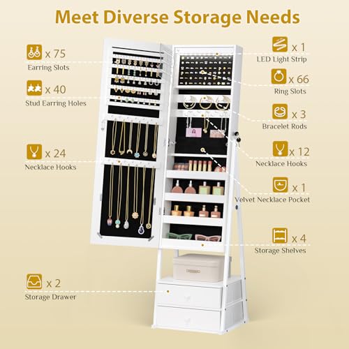 VINGLI LED Jewelry Cabinet Armoire, Lockable Full Length Mirror with Storage, Large Capacity Jewelry Organizer with 2 Drawers, Free Standing Makeup Vanity for Bedroom, White