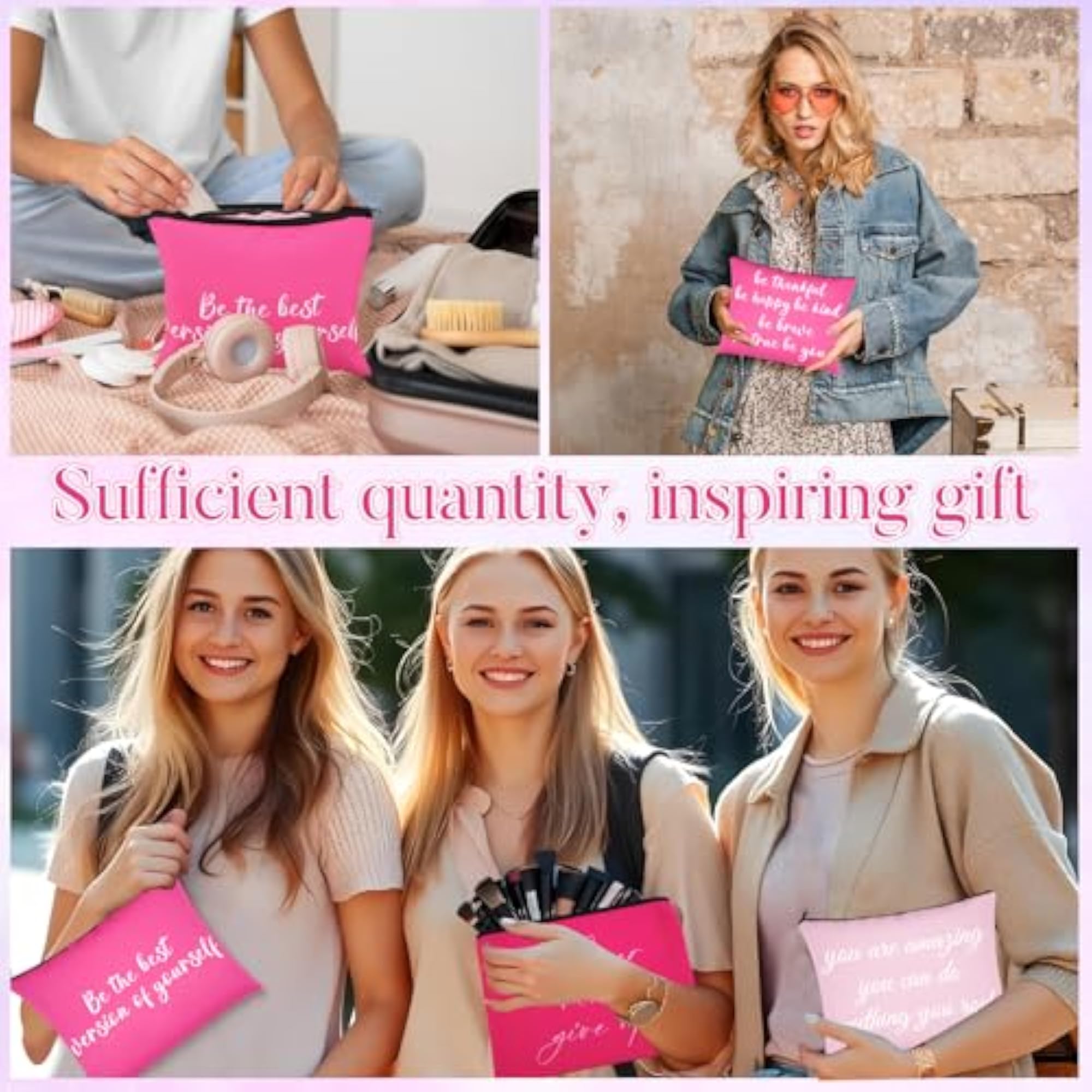 12 PCS Pink Inspirational Canvas Makeup Bags, Bulk Set