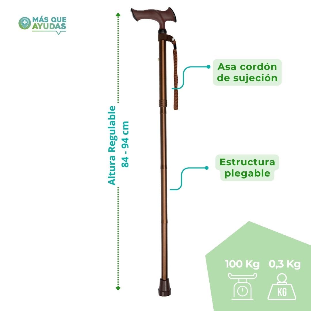 MAS Que AYUDAS – Bastón para Mayores y Adultos Ergo, Plegable y Portátil, Altura Ajustable 84-94 cm, Puño Ergonómico, Bastón para Caminar y Pasear, 320 g, Marrón
