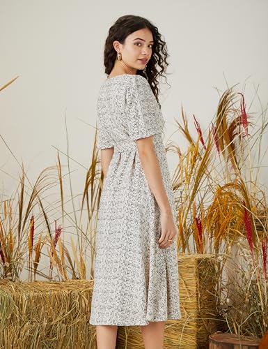 Image of Amazon Brand - Symbol Women Rayon Fit and Flare One Piece Midi Length Dress (with Self Fabric Belt) (Available in Plus Sizes)