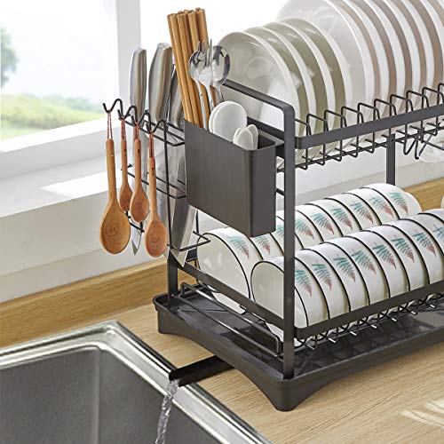 Dish Drying Rack, 2-Tier Dish Rack and Drain Board Set, Kitchen Organizer with Swivel Spout, Utensil Holder, Cup Holder and Dish Drainer for Kitchen Counter (Black)