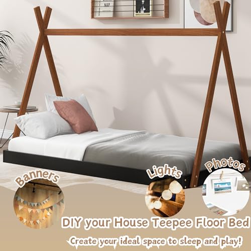 Wood-Teepee-Bed-Twin-Size-Floor-Beds-for-Kids-Montessori-Style-House-Tent-Bed-Frame-for-Boys-Girls-Teens-No-Spring-Box-Needed-Black-with-Brown Wood Teepee Bed Twin Size Floor Beds for Kids Montessori Style House Tent Bed Frame for Boys Girls Teens No Spring Box Needed Black with Brown