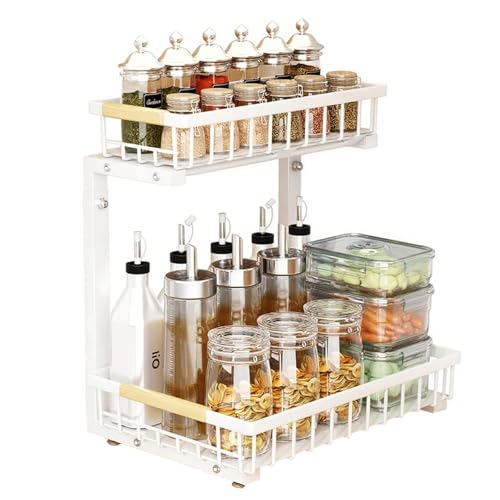 JOUING Almacenaje Bajo Fregadero de Metal Organizador Cocina 2 Niveles con Mango de Madera Cajones Extraible con Altura Regulable Estante de Almacenamiento para Cocina, Baño (Blanco, 1 Paquete)