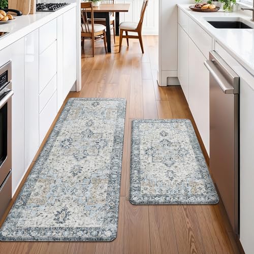 GENIMO Kitchen Mats for Floor 2PCs, Washable Anti Fatigue Mat for Cushioned, 20"x48"+20"x32", Waterproof Kitchen Rugs, Non Slip Comfort Standing Mat Rug for Home, Sink, Laundry, Light Blue by GENIMO - Used condition - Image 3