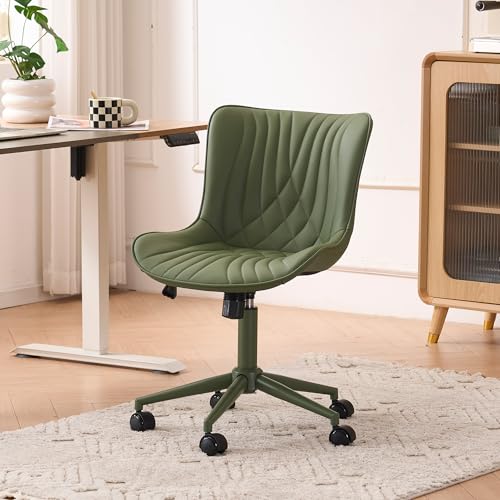 Image of YOUTASTE Green Armless Office Chair, Modern Adjustable Swivel Desk Chair with Wheels, Upholstered PU Leather, Green Metal Legs, Back Support for Home Office, Study, Vanity, Bedroom