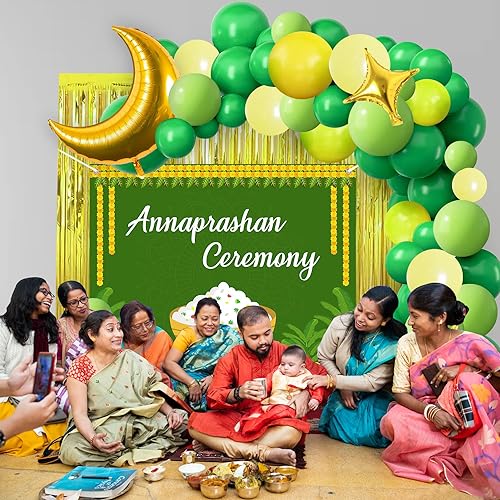 Image of Party Propz Annaprashan Decoration Items - 49pcs Annaprashan Ceremony Decoration with Green Annaprasana Decoration Backdrop, Golden Foil Balloons and Foil Curtain, Balloon for Rice Ceremony Decoration