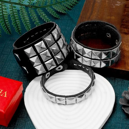 Studded Leather Bracelet for Men & Women - Punk, Gothic & Grunge Accessories - 3 Packs2