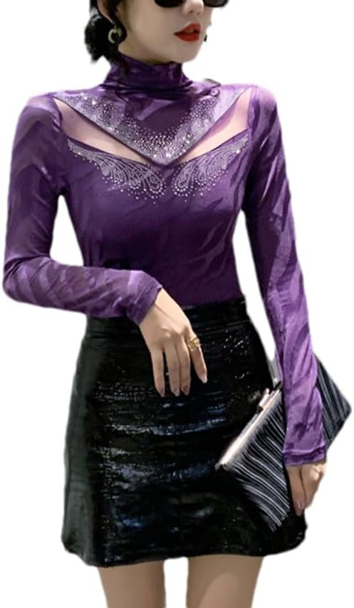 Women Casual Turtleneck Long Sleeved Hot Drilling Pullover Hollow Out Mesh T Shirt