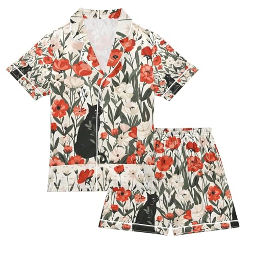 senya Roses Small Cat Satin Summer Pajama Sets Silk Short Sleeve Button Down Sleepwear