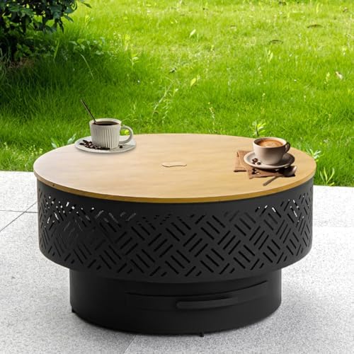 OutVue 26" Wood Burning Fire Pits with Grill & Lid, Fire Pit Table for Outside with Waterproof Cover & Fire Poker, Outdoor Firepit with Functions for BBQ,Table and Bonfire