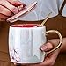 KEYIGOU 13.5oz Cherry Blossom Ceramic Mug with Lid Gold Spoon Pretty Tea Cup Coffee Mugs for Women Unique Sakura Gifts