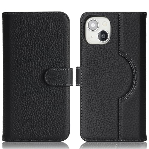 Image of Detachable Genuine Leather Case for iPhone 15 Wallet Case Magnetic 2in1 Removable Flip Cover Book Purse Compatible with Magsafe Charging Kickstand Card Holder-Black