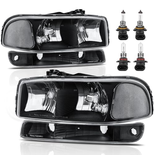 KUIPERAUTO Headlight Assembly Front Lamp Compatible with 1999-2006 GMC Sierra 1500 2500 2000-2006 GMC Yukon Headlamp w/Bulb Black Housing/Clear Lens/Clear Corner