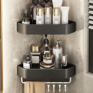EAQ 2 Pack Bathroom Rack, Corner Rack, Shower Rack, Shower Shelves with 4 Removable Hooks and Towel Hangers, Wall-mounted Non-perforated Glue, for Washroom / Toilet / Dormitory / Kitchen