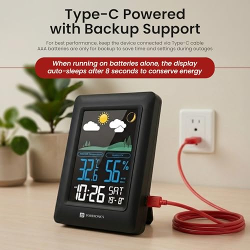 Image of Portronics Meteo Type-C Powered Digital Weather Station Clock with Temperature & Humidity Monitor, Max /Min Records, LED Display, Alarm & Snooze, 12 /24H Format, C /F Switch, Wall /Table Mount