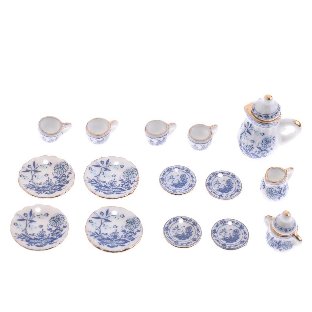 1/12 Dollhouse Miniature Tableware Tea Coffee Wine Cup Set 15 Pieces Kit Blue Flower Patterns-image-13